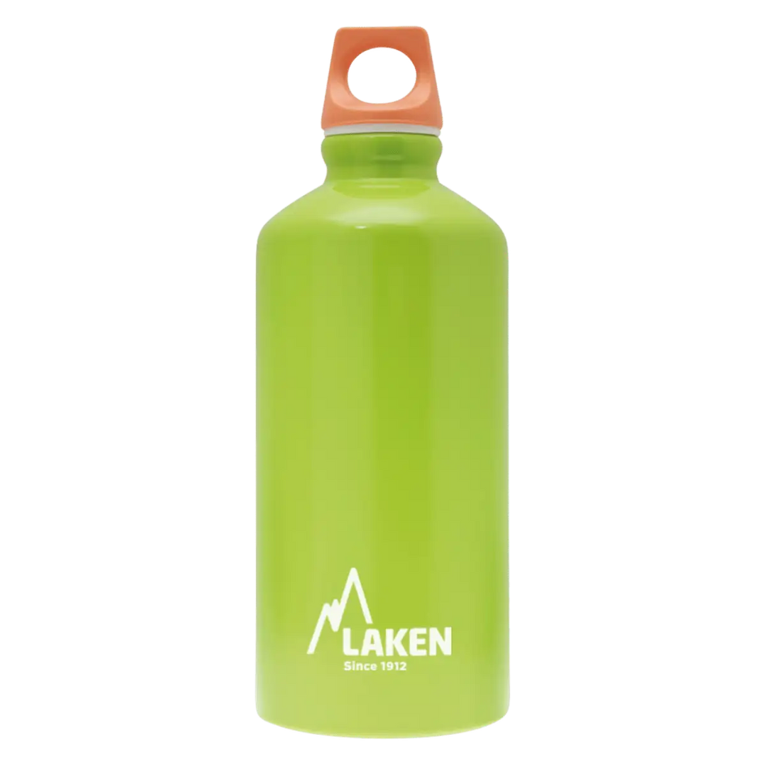 Botella de aluminio verde manzana de 0,6 litros con tapón FUTURA naranja