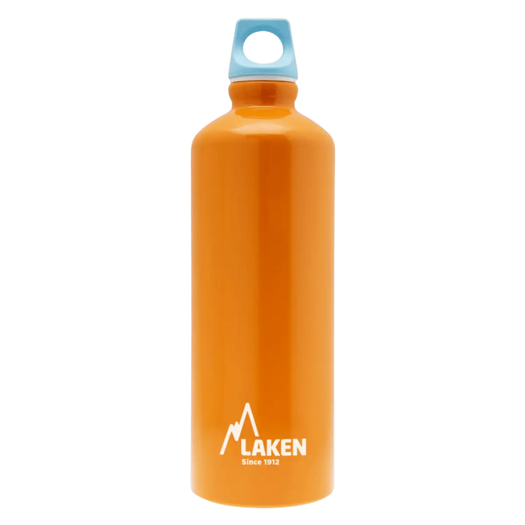 Botella de aluminio naranja de 0,75 litros con tapón FUTURA azul