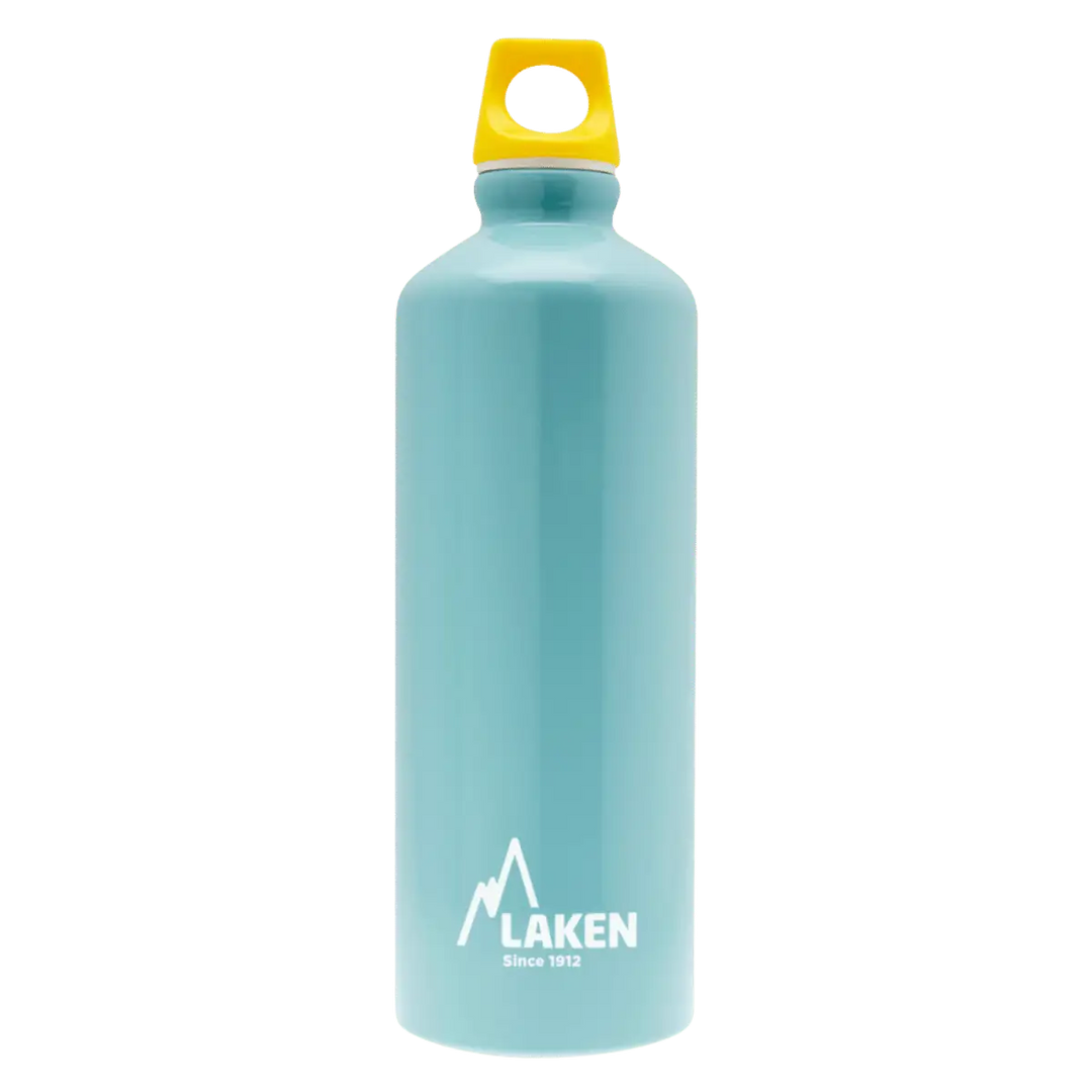 Botella de aluminio azul clara de 0,75 litros con tapón FUTURA amarillo