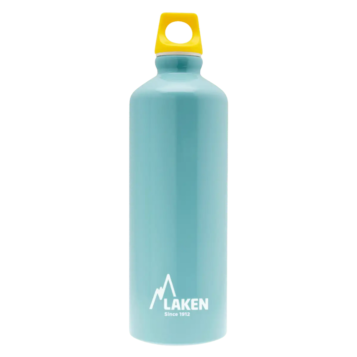 Botella de aluminio azul clara de 0,75 litros con tapón FUTURA amarillo