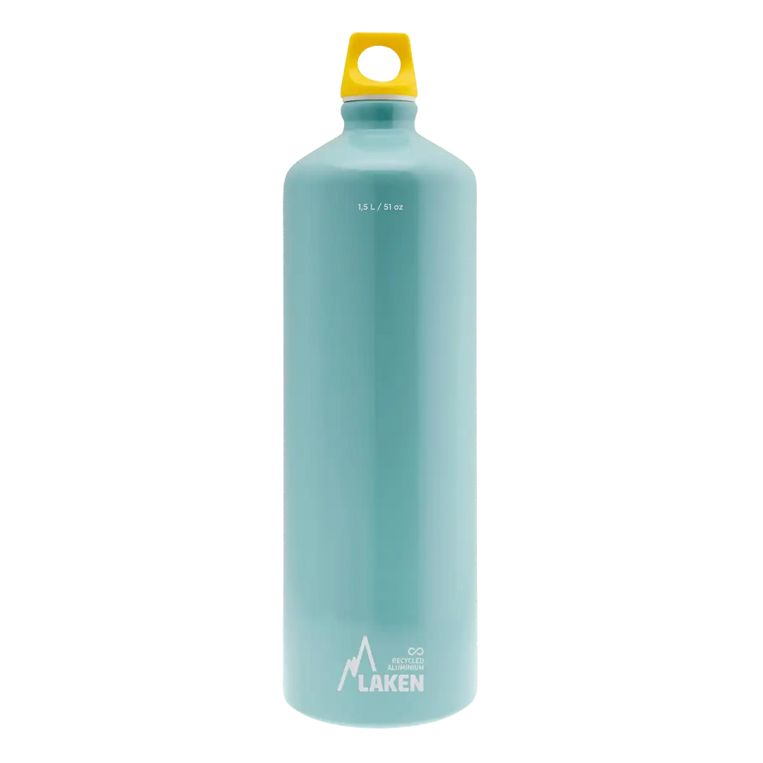 Botella de aluminio azul clara de 1,5 litros con tapón FUTURA amarillo