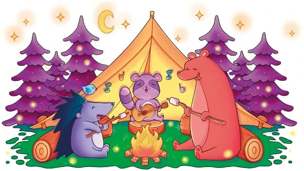 Ilustración de tres animales en un camping por la noche mientras cantan y rodean una hoguera