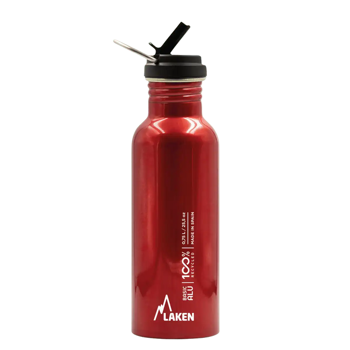 Botella de aluminio BASIC ALU roja de 0,75 litros con el tapón FLOW abierto