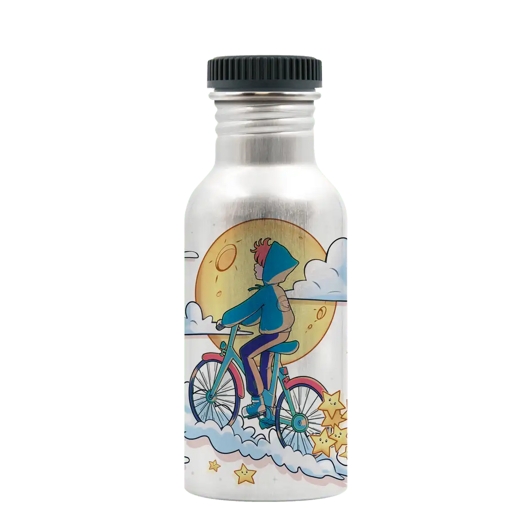 Botella de aluminio con tapón Plain con diseño de un niño en bicicleta por las nubes y la luna