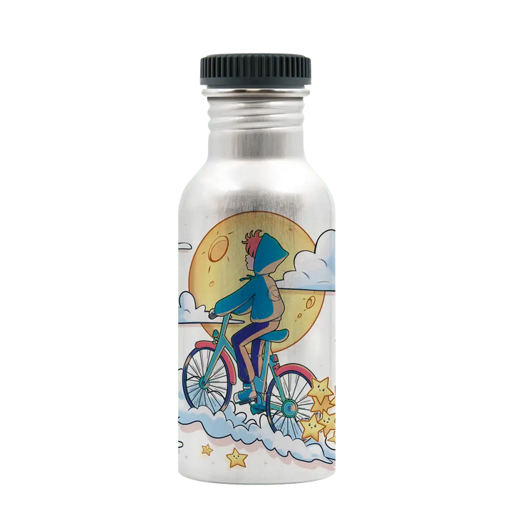 Botella de aluminio con tapón Plain con diseño de un niño en bicicleta por las nubes y la luna