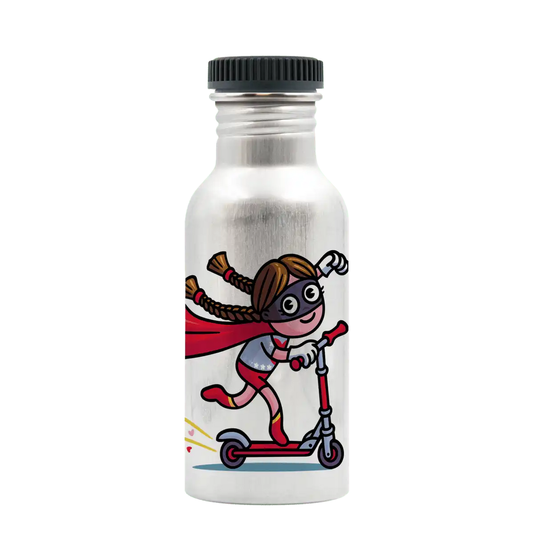 Botella de aluminio con tapón Plain con diseño de una niña vestida de superheroína en patinete