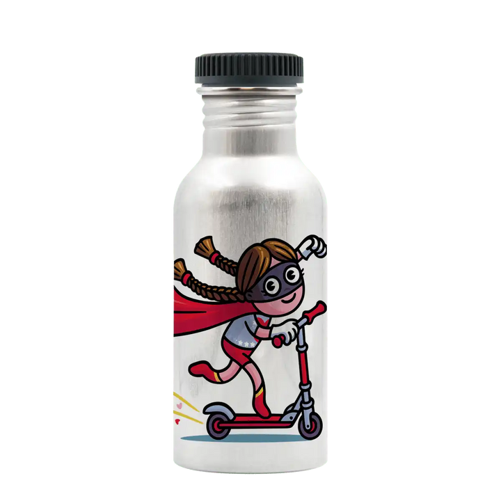 Botella de aluminio con tapón Plain con diseño de una niña vestida de superheroína en patinete