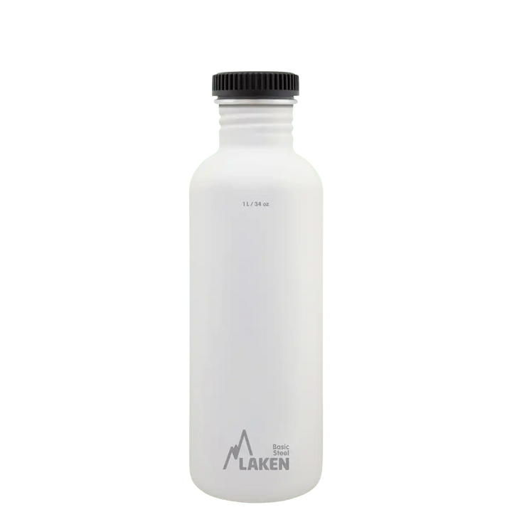 Botella de acero BASIC STEEL blanca de 1 litro con tapón PLAIN de polipropileno