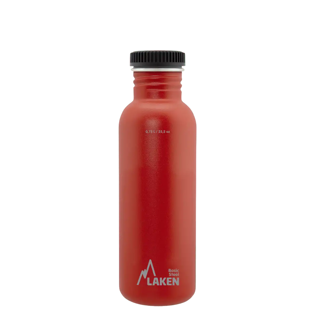 Botella de acero BASIC STEEL roja de 0,75 litros con tapón PLAIN de polipropileno