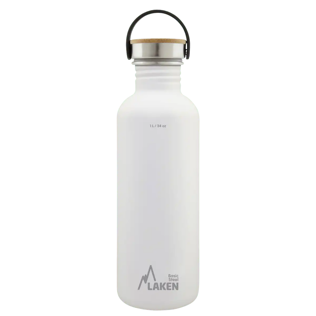 Botella de acero BASIC STEEL blanca de 1 litro con tapón BAMBÚ