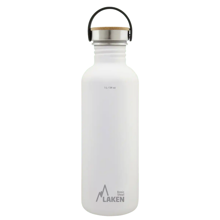 Botella de acero BASIC STEEL blanca de 1 litro con tapón BAMBÚ