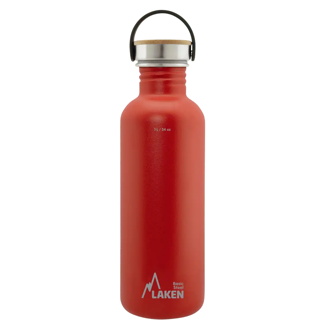 Botella de acero BASIC STEEL roja de 1 litro con tapón BAMBÚ