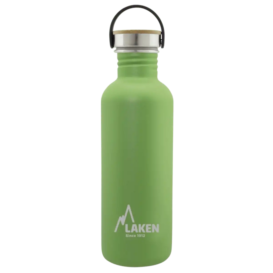 Botella de acero BASIC STEEL verde de 1 litro con tapón BAMBÚ