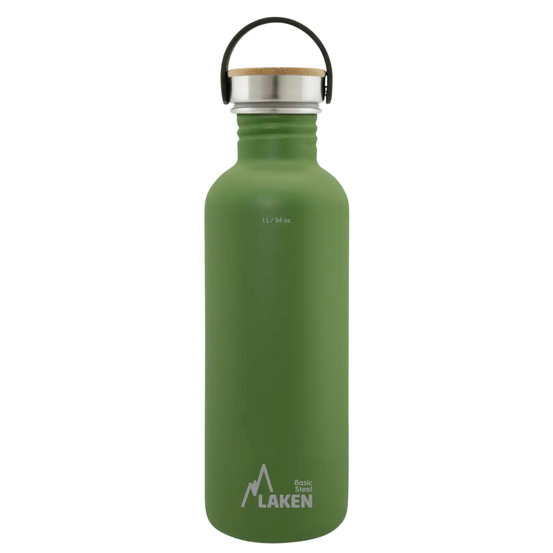 Botella de acero BASIC STEEL verde oliva de 1 litro con tapón BAMBÚ