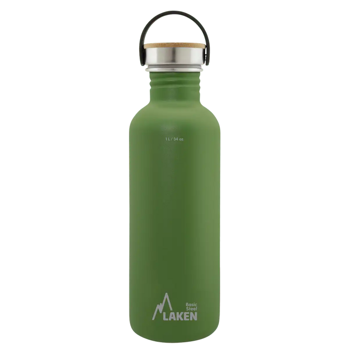 Botella de acero BASIC STEEL verde oliva de 1 litro con tapón BAMBÚ