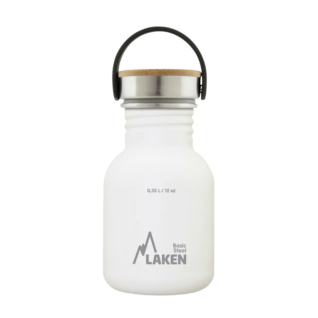 Botella de acero BASIC STEEL blanca de 0,35 litros con tapón BAMBÚ