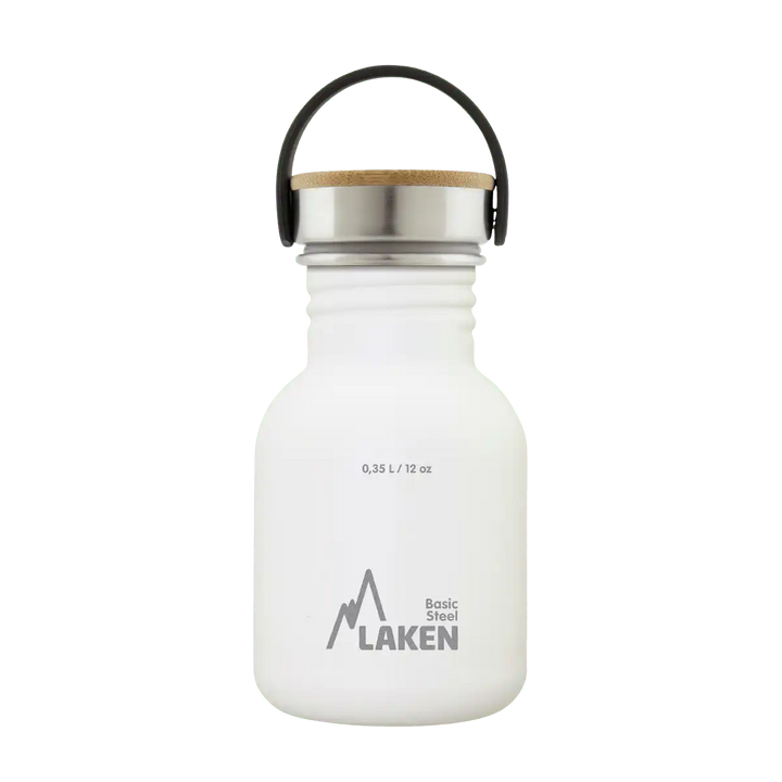 Botella de acero BASIC STEEL blanca de 0,35 litros con tapón BAMBÚ