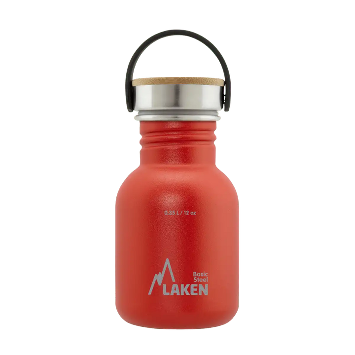 Botella de acero BASIC STEEL roja de 0,35 litros con tapón BAMBÚ