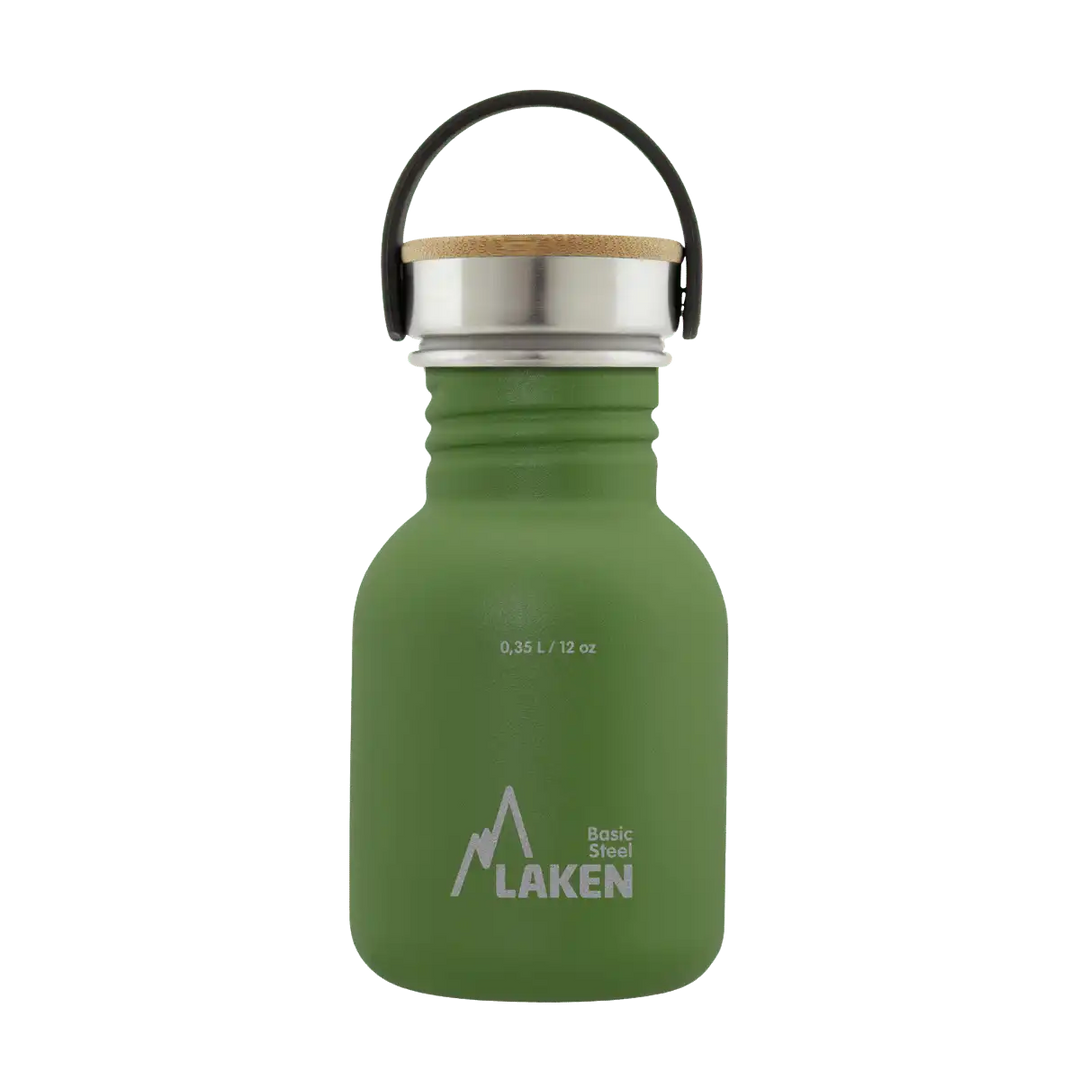 Botella de acero BASIC STEEL verde oliva de 0,35 litros con tapón BAMBÚ