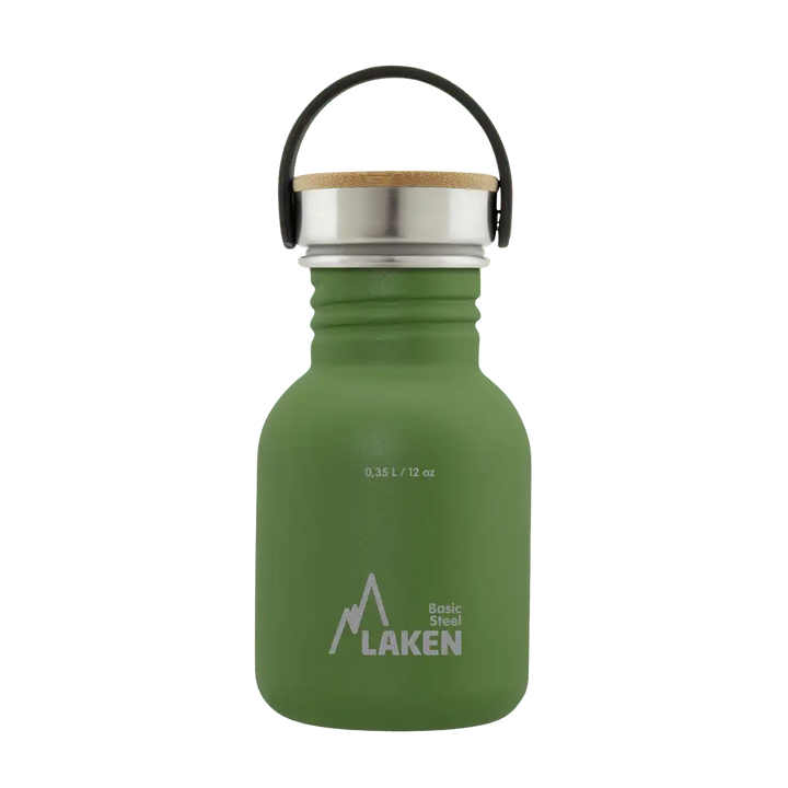 Botella de acero BASIC STEEL verde oliva de 0,35 litros con tapón BAMBÚ