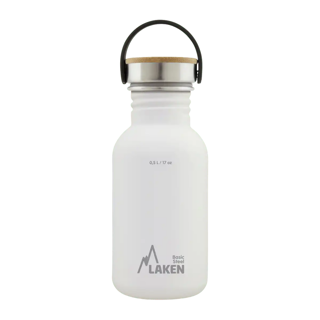 Botella de acero BASIC STEEL blanca de 0,5 litros con tapón BAMBÚ