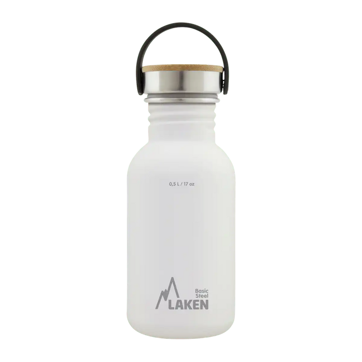 Botella de acero BASIC STEEL blanca de 0,5 litros con tapón BAMBÚ