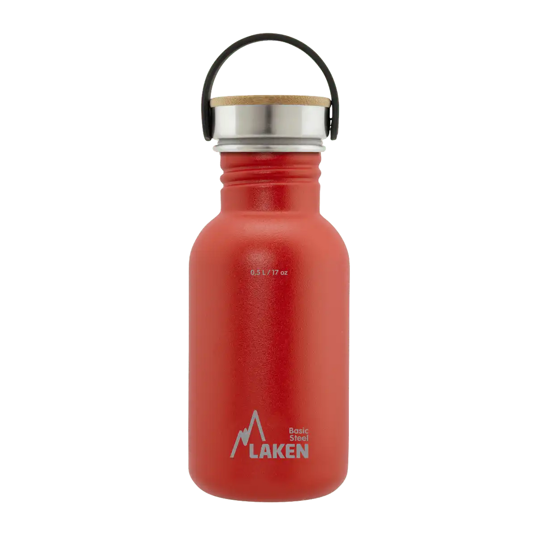 Botella de acero BASIC STEEL roja de 0,5 litros con tapón BAMBÚ