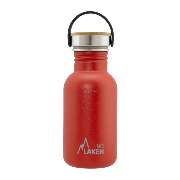 Botella de acero BASIC STEEL roja de 0,5 litros con tapón BAMBÚ