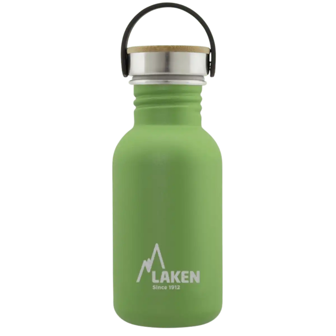 Botella de acero BASIC STEEL verde de 0,5 litros con tapón BAMBÚ