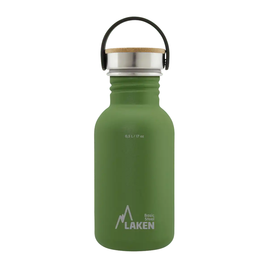 Botella de acero BASIC STEEL verde oliva de 0,5 litros con tapón BAMBÚ