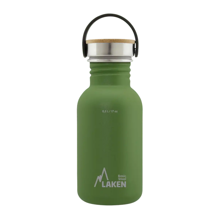 Botella de acero BASIC STEEL verde oliva de 0,5 litros con tapón BAMBÚ