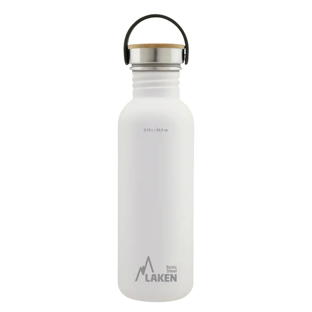 Botella de acero BASIC STEEL blanca de 0,75 litros con tapón BAMBÚ