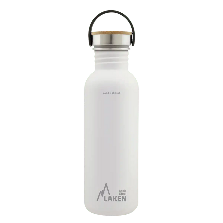 Botella de acero BASIC STEEL blanca de 0,75 litros con tapón BAMBÚ