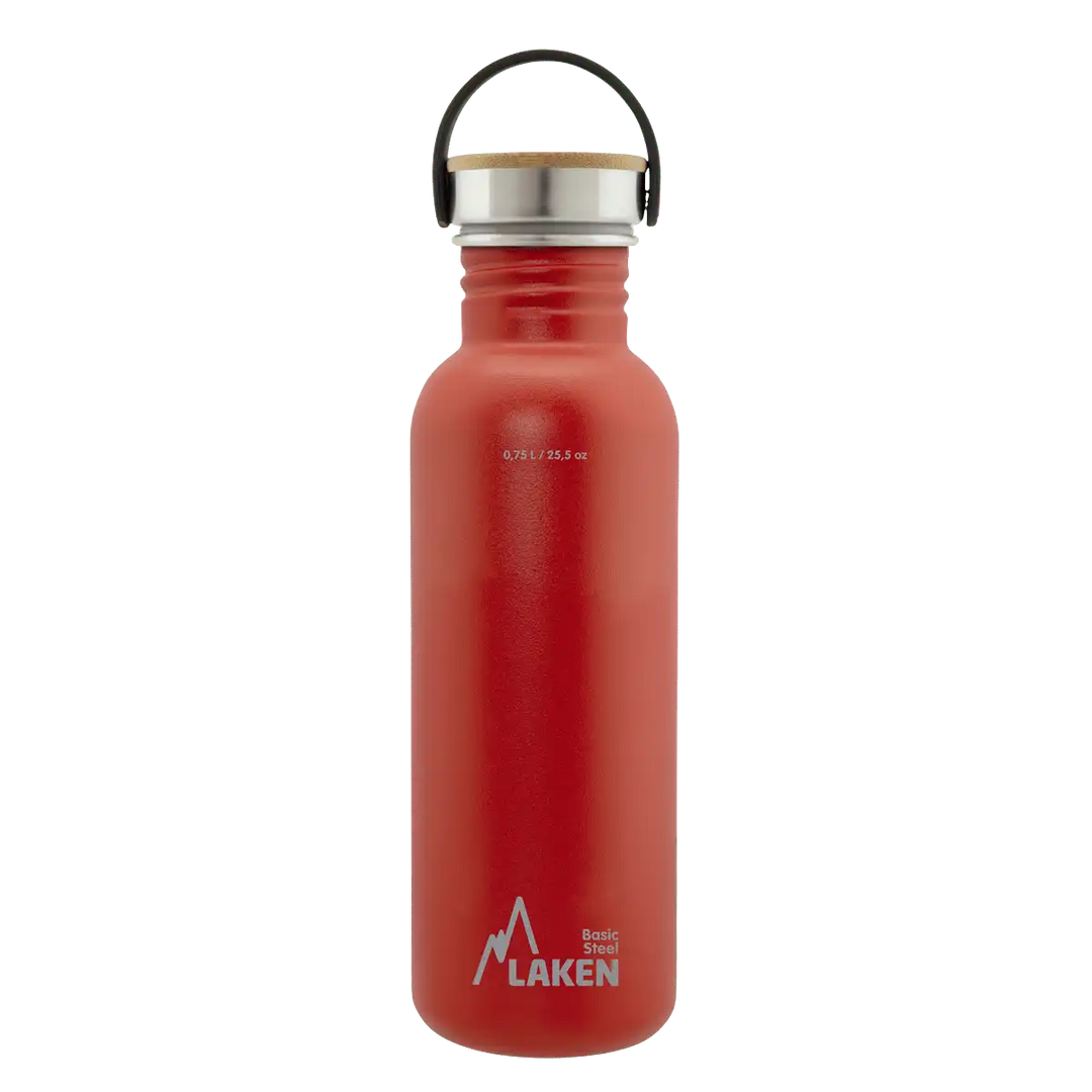 Botella de acero BASIC STEEL roja de 0,75 litros con tapón BAMBÚ