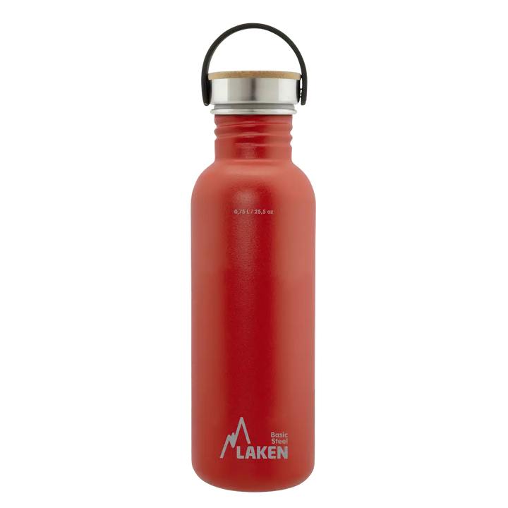 Botella de acero BASIC STEEL roja de 0,75 litros con tapón BAMBÚ