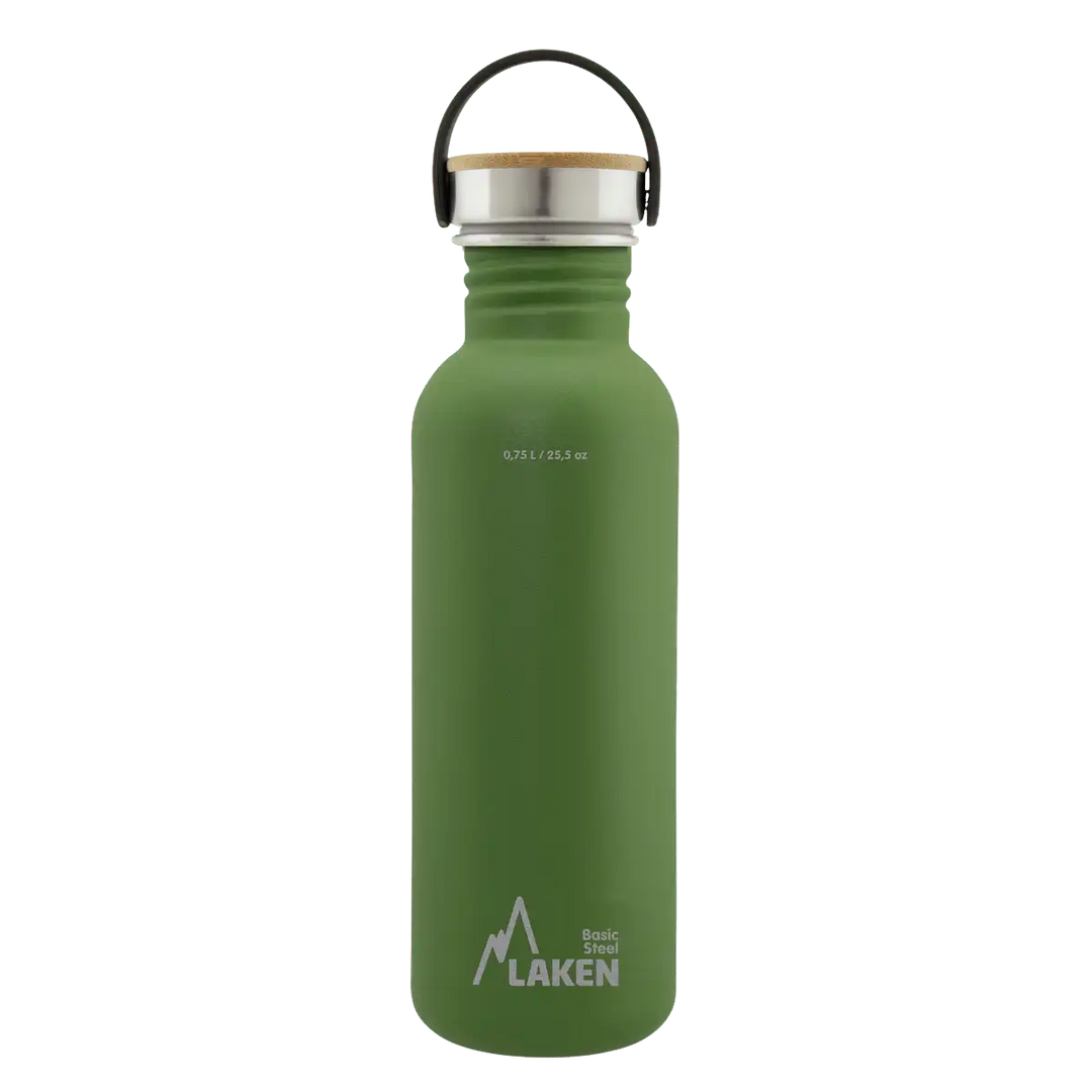 Botella de acero BASIC STEEL verde oliva de 0,75 litros con tapón BAMBÚ