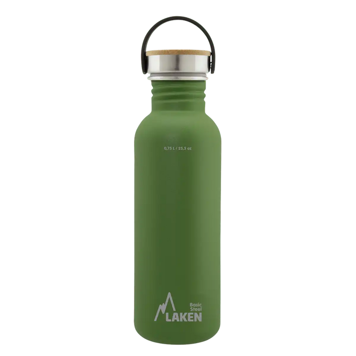 Botella de acero BASIC STEEL verde oliva de 0,75 litros con tapón BAMBÚ