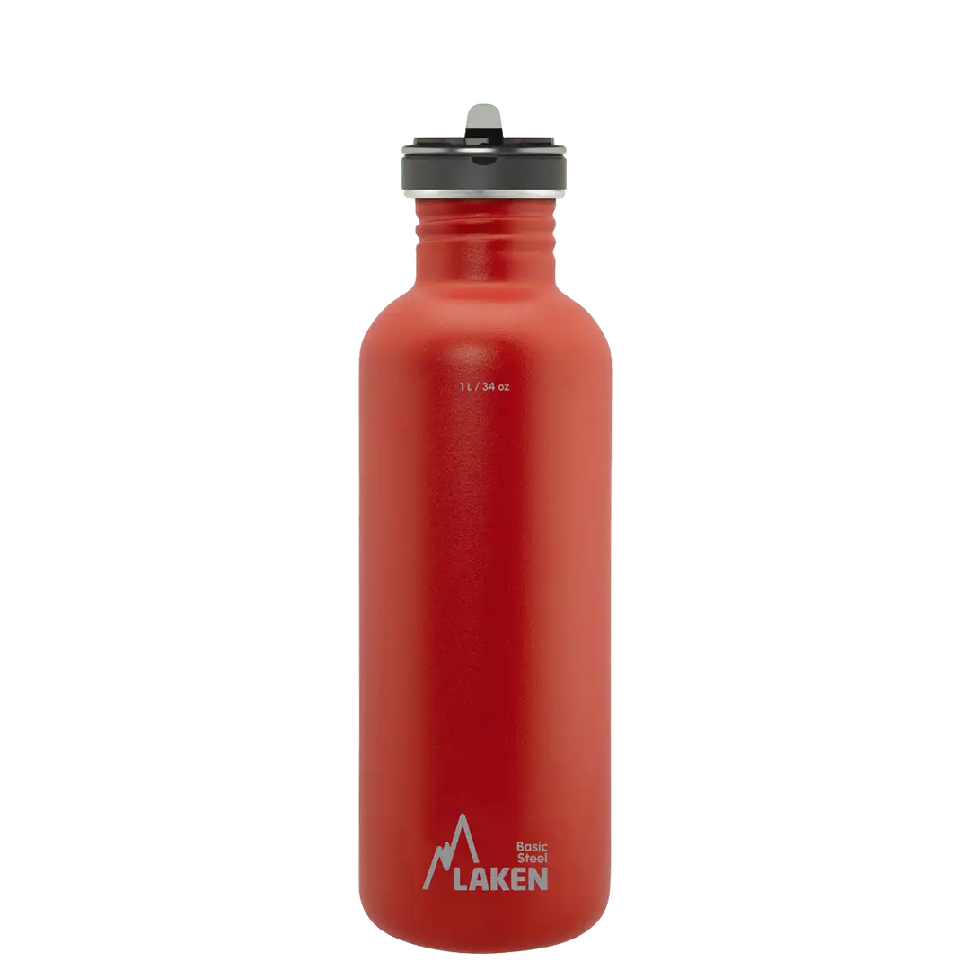 Botella de acero BASIC STEEL roja de 1 litro con tapón FLOW