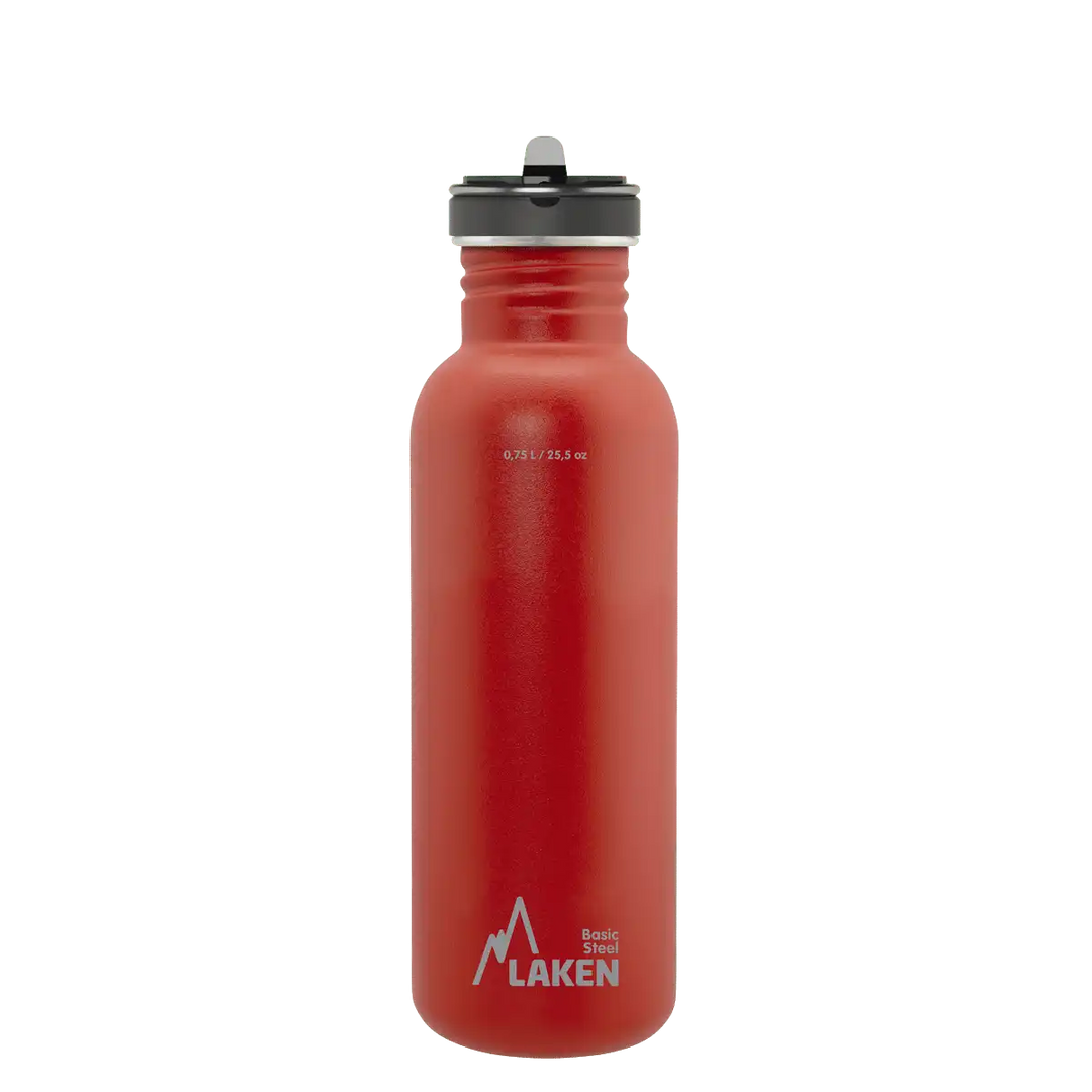 Botella de acero BASIC STEEL roja de 0,75 litros con tapón FLOW