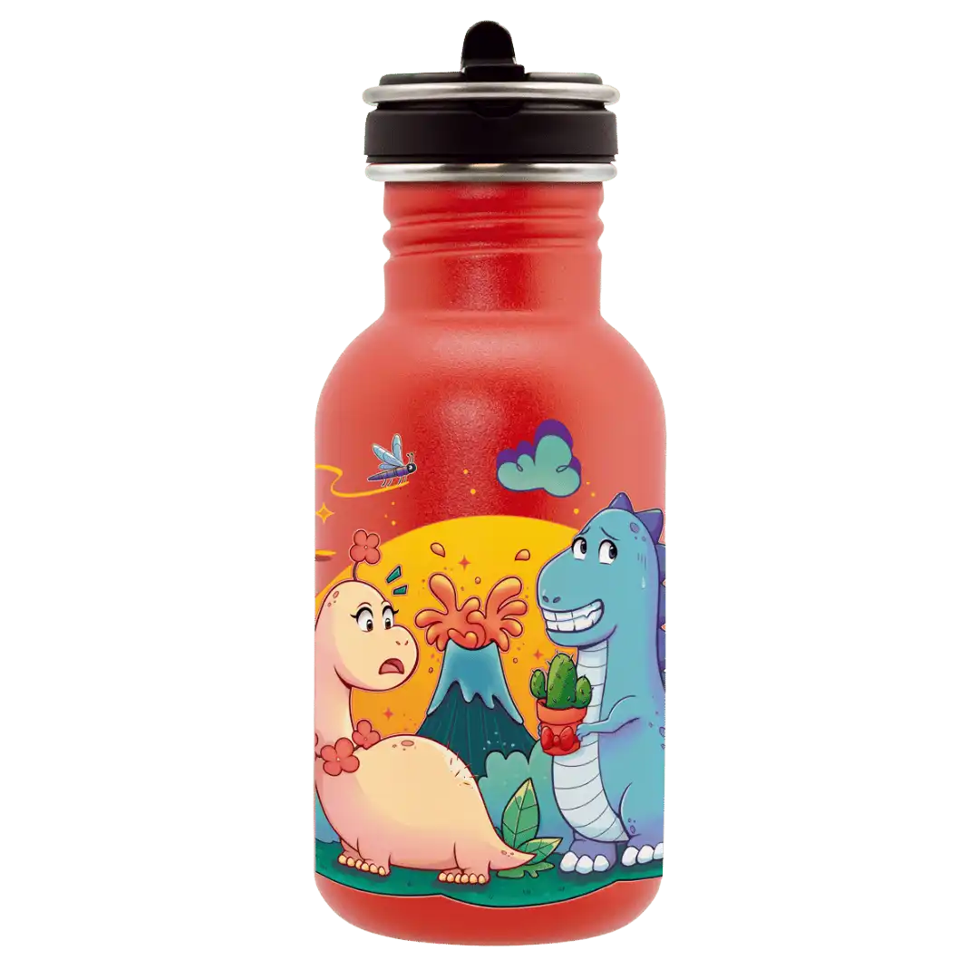 Botella infantil de acero con tapón Flow con un dibujo de dinosaurios