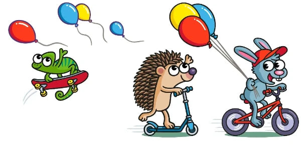 Ilustración de un erizo en patinete persiguiendo a su amigo conejo que monta en bicicleta e intentando coger un globo