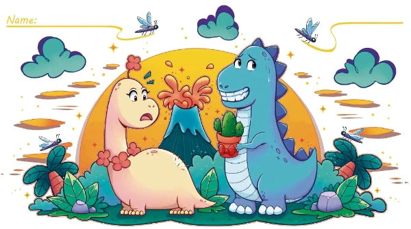 Ilustración de un dinosaurio dándole un cactus de regalo a otro mientras un volcán erupciona al fondo