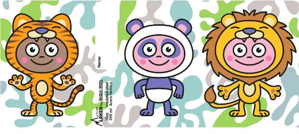 Ilustración de niños disfrazados de animales, un león, un tigre y un oso.