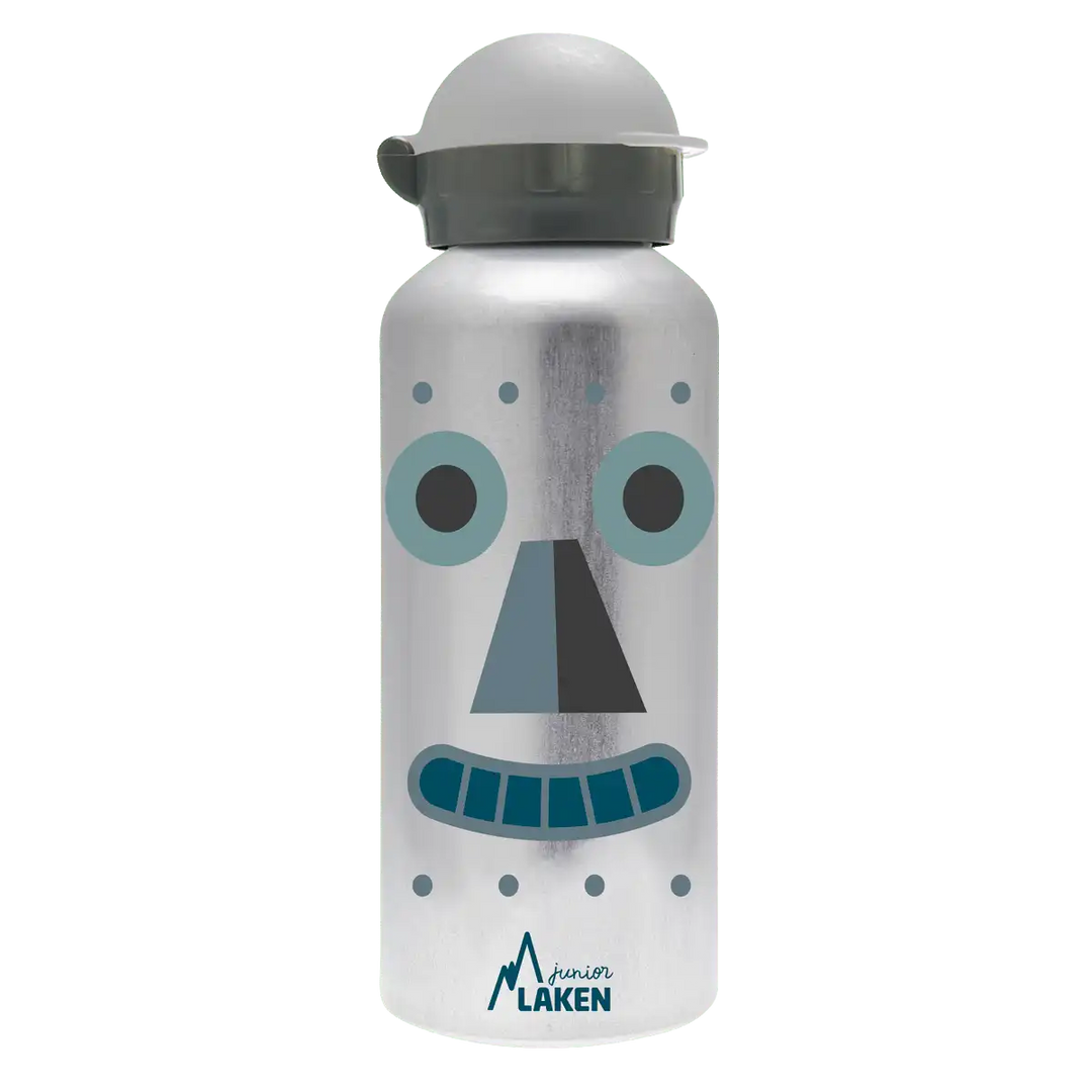 Botella de aluminio gris con tapón Hit gris con diseño de una cara de un robot