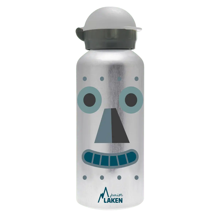 Botella de aluminio gris con tapón Hit gris con diseño de una cara de un robot