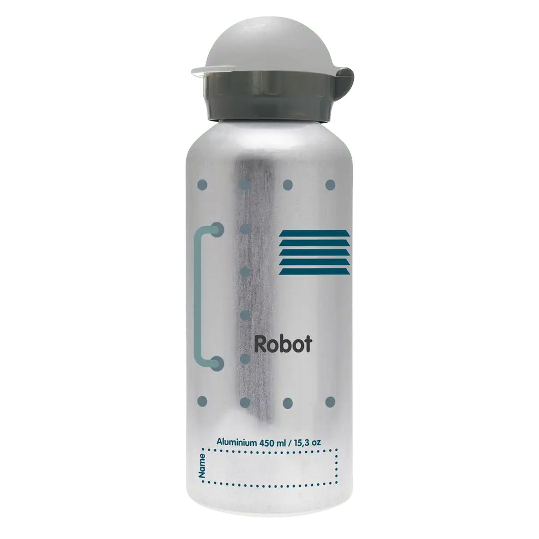 Vista trasera de botella de aluminio gris con tapón Hit gris con diseño de una cara de un robot