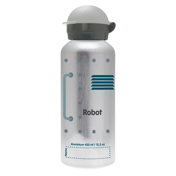 Vista trasera de botella de aluminio gris con tapón Hit gris con diseño de una cara de un robot