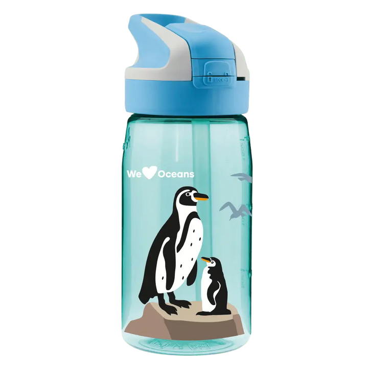 Botella de Tritan azul con tapón Summit y diseño de dos pingüinos de pie