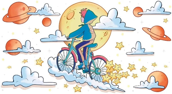 Ilustración de un niño paseando con su bicicleta por las nubes viendo la luna y los planetas