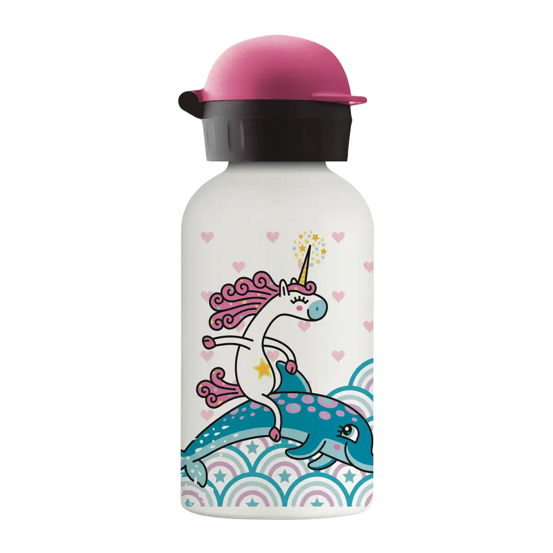 Botella térmica blanca con tapón Hit rosa con diseño de un unicornio a lomos de un delfín